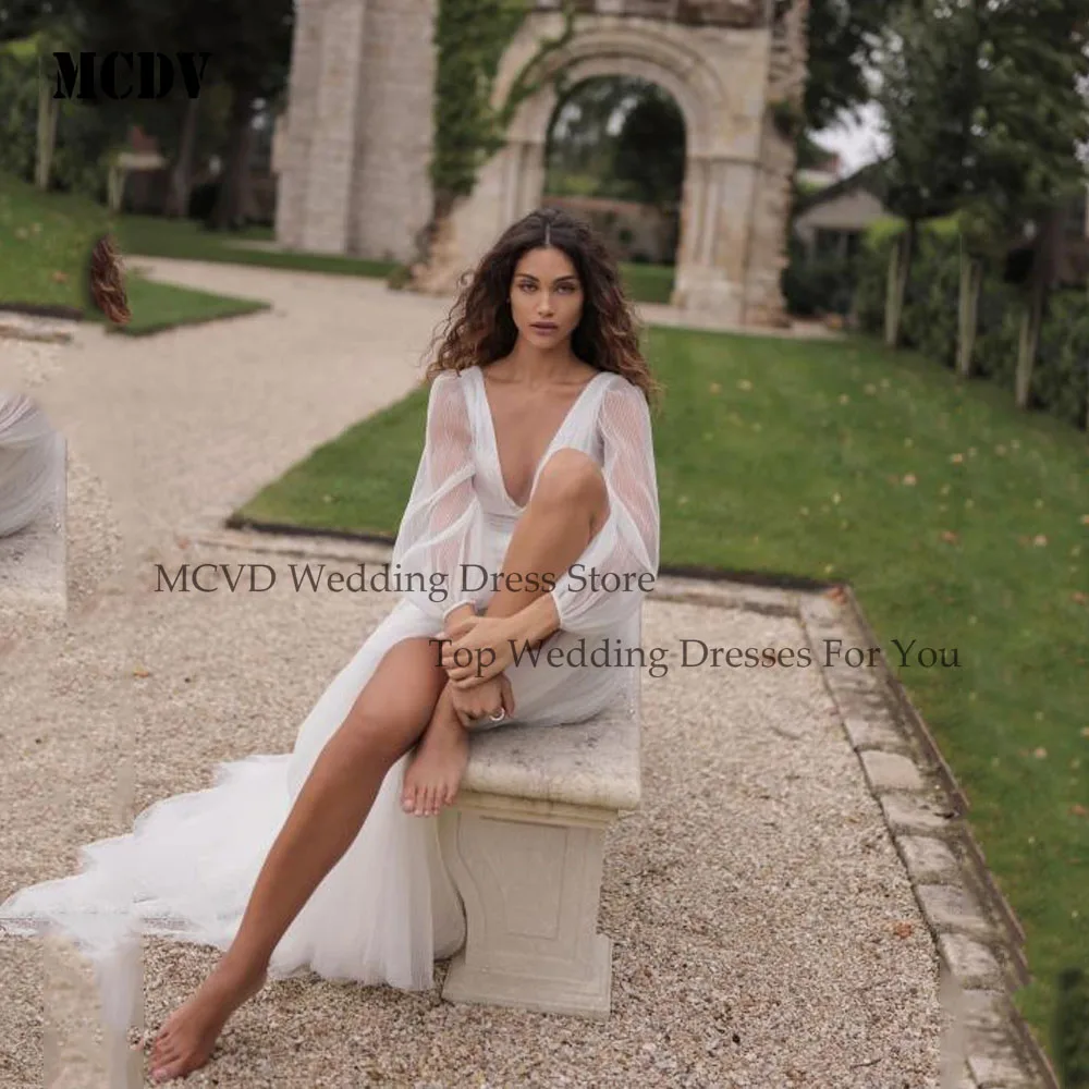 

MCDV Tulle Wedding Dresses Elegant Bride Puff Sleeve A-Line Empire Deep V-Neck Sexy Bride Gowns Boho vestido de novia Customized