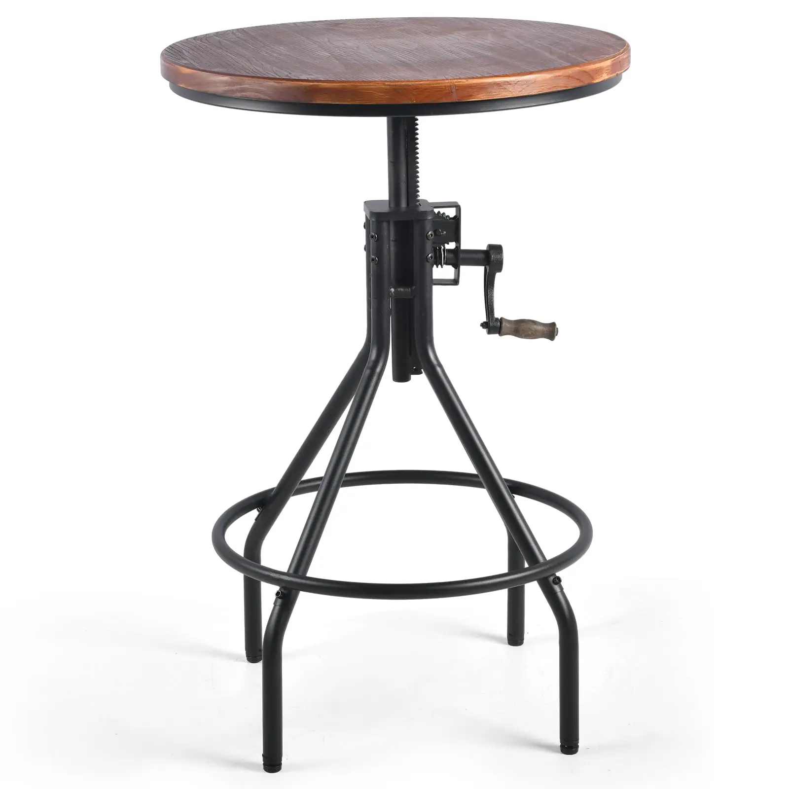 

Round Wood Top Industrial Bar Stool With Adjustable Height Crank Mechanism And Footrest Black