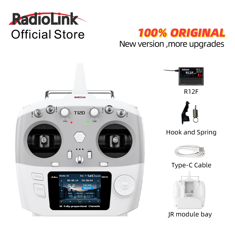 RadioLink T12D JR Module 12CH 2.4GHz RC Transmitter & R12F 8 Programmable Mix FHSS 50 Models 4KM for FPV Fixed Drone Car Boat