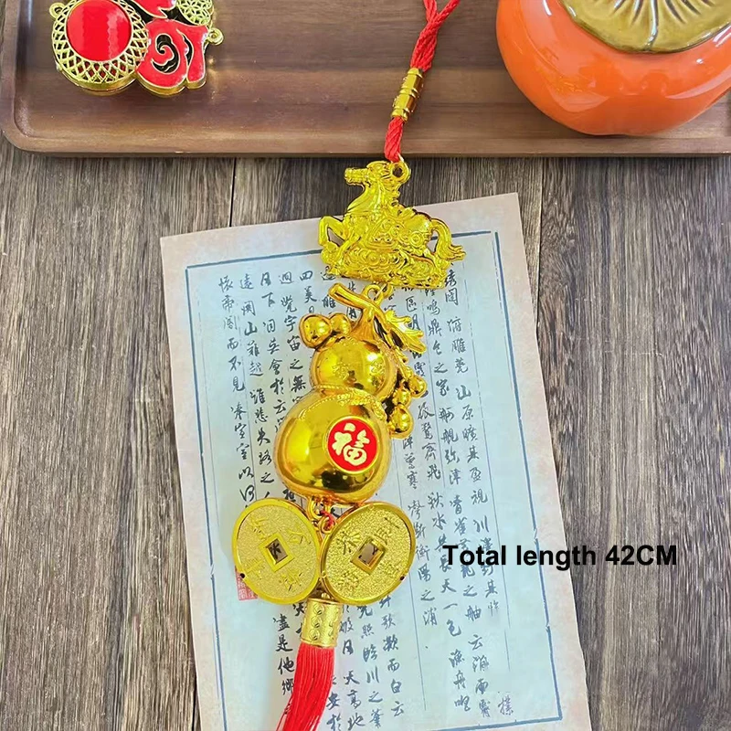 {MX} Gold Plated Horse Zodiac Pendant With Lucky Coin Chinese New Year Ornament Green Plant Potted Hanging Charm Lucky Gift