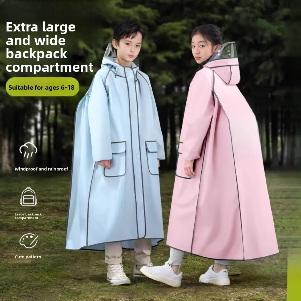 

Детский длинный плащ-дождевик с двойным капюшоном и местом для школьной сумки, для мальчиков и девочек, для детей среднего и старшего возраста, со светоотражающими полосами