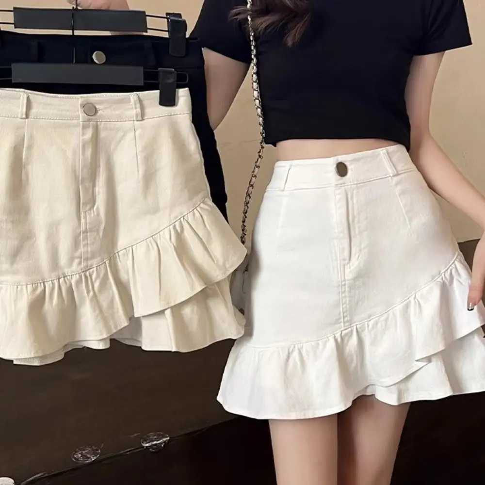 

Короткая мини-юбка с нерегулярными рюшами и защитными брюками Джинсовая юбка трапециевидной формы с высокой талией Корейский стиль Многоуровневые плиссированные мини-юбки для женщин