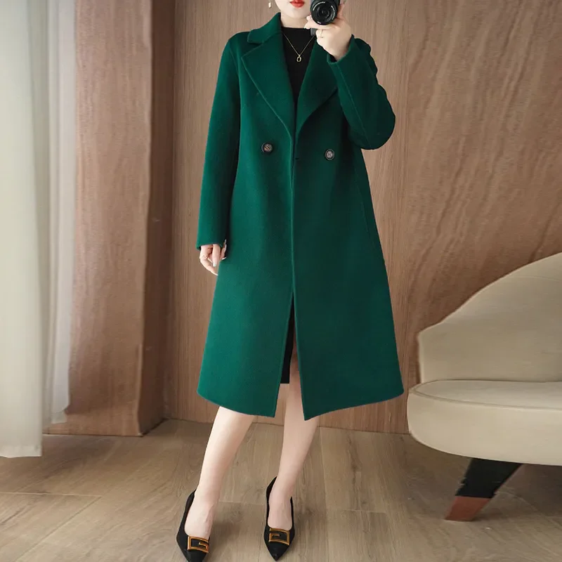 

2026 New Winter Woolen Coat Women Fashion Long Sleeves Double Breasted Loose Overcoat With Belt Office Wool Jacket Ladies B1441