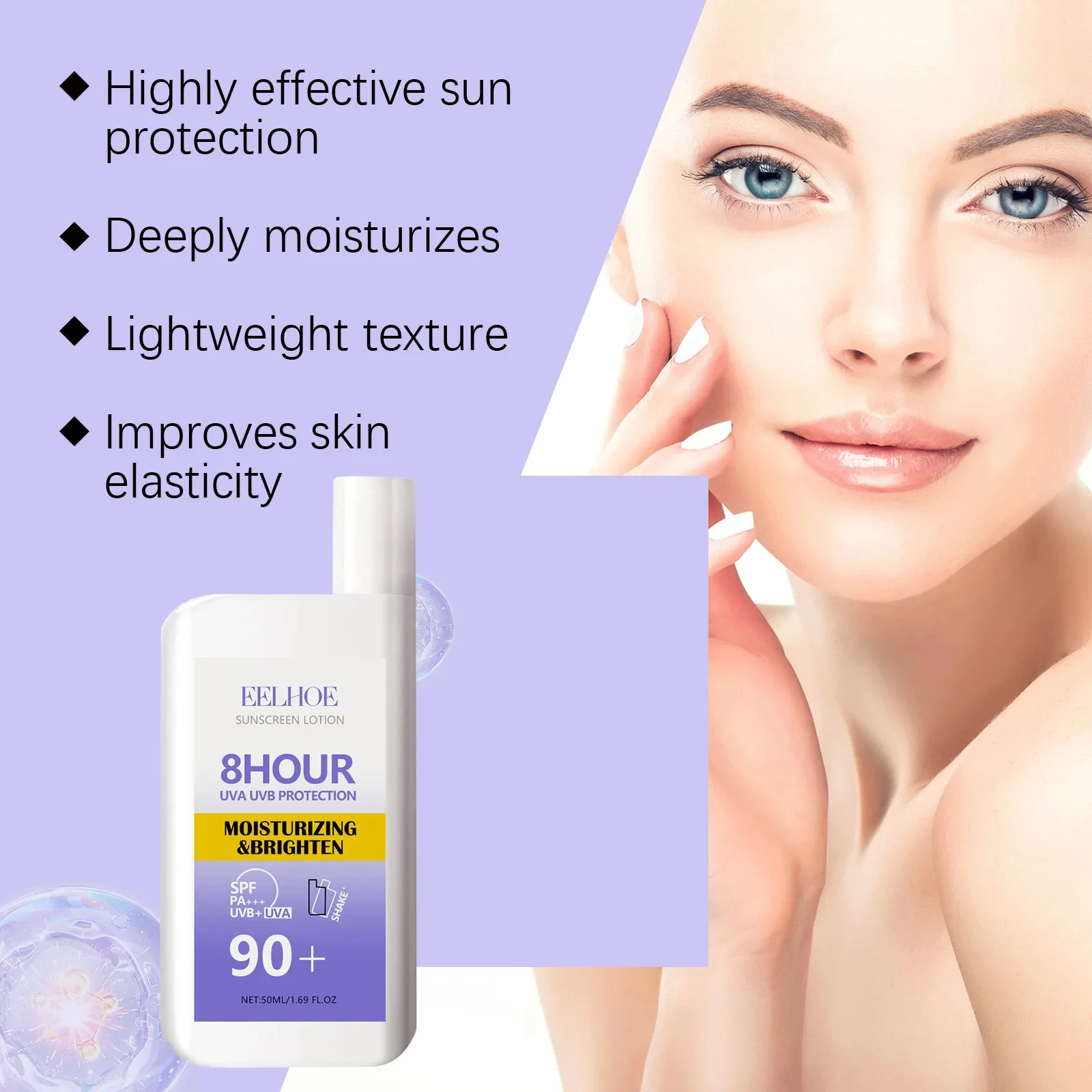 EELHOE Sunscreen Lotion SPF 90+ Waterproof Oil Control Hyaluronic Acid Uva Uvb Protection Moisturizing Brightening Lotions 50ml