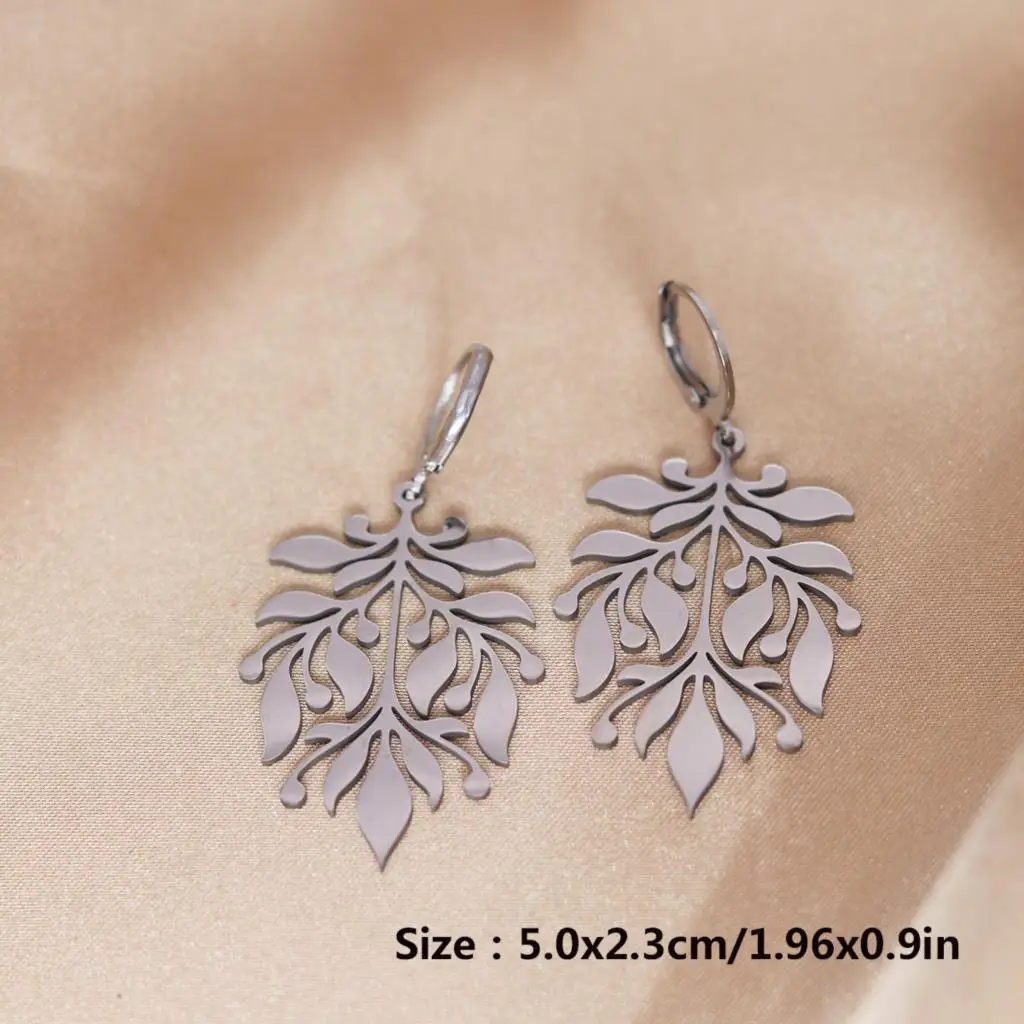 QIAMNI Vintage Leaf Huggies Hoop Earrings for Women Girls Stainless Steel Flower Leaf Drop Earring Birthday Jewelry Gift Bijoux
