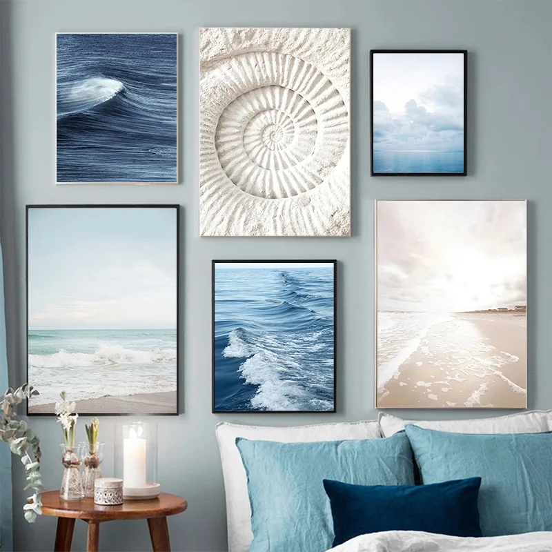 Blue Ocean Waves Beach Canvas Painting Nordic Natural Scenery Print Posters for Modern Living Room Bedroom Wall Art Home Decor