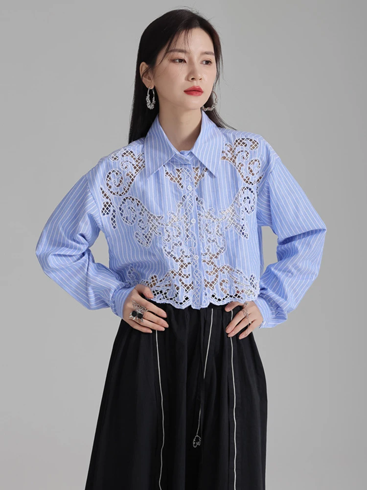 [EAM] Women White Hollow Out Lace Big Size Short Blouse New Lapel Long Sleeve Shirt Fashion Tide Spring Autumn 2024 1DH4004