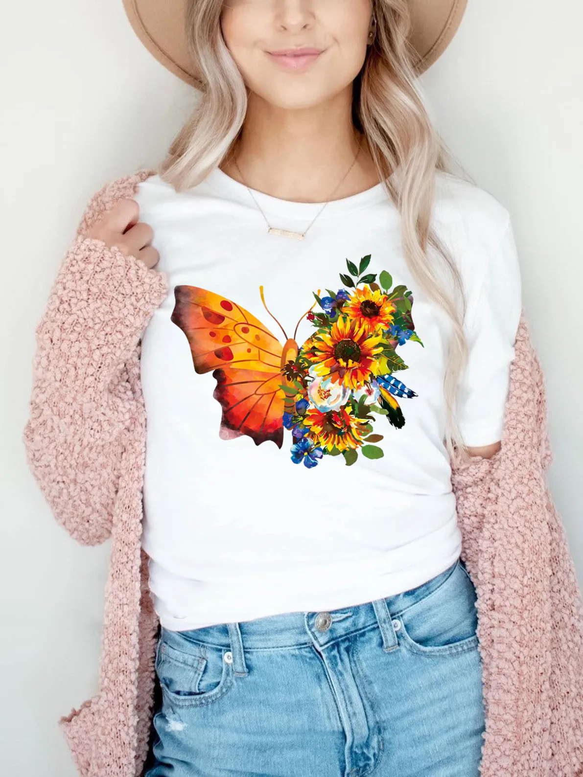 Butterfly Flower Women Print T-shirt Girl Y2K Short Sleeve Design Tees Tops 90S Sweetshirts Female Harajuku Clothing