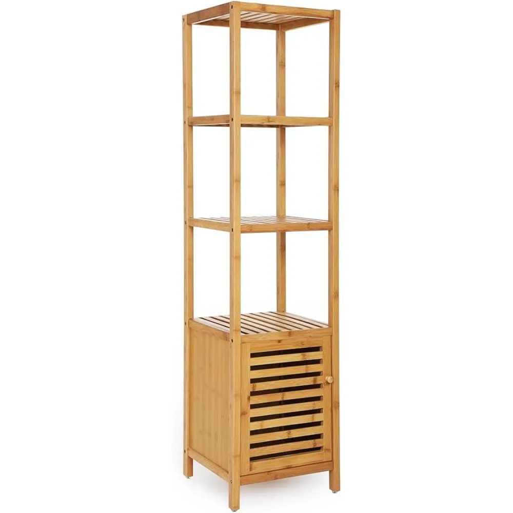 2023 New Bamboo Bathroom Storage Floor Cabinet, 4 Tiers Multifunctional Floor Shelving Unit, Free Standing Tower Corner Rack