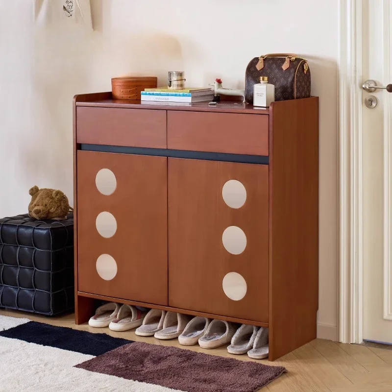 Medieval solid wood shoe cabinet household living room integrated wall locker entrance partition entrance