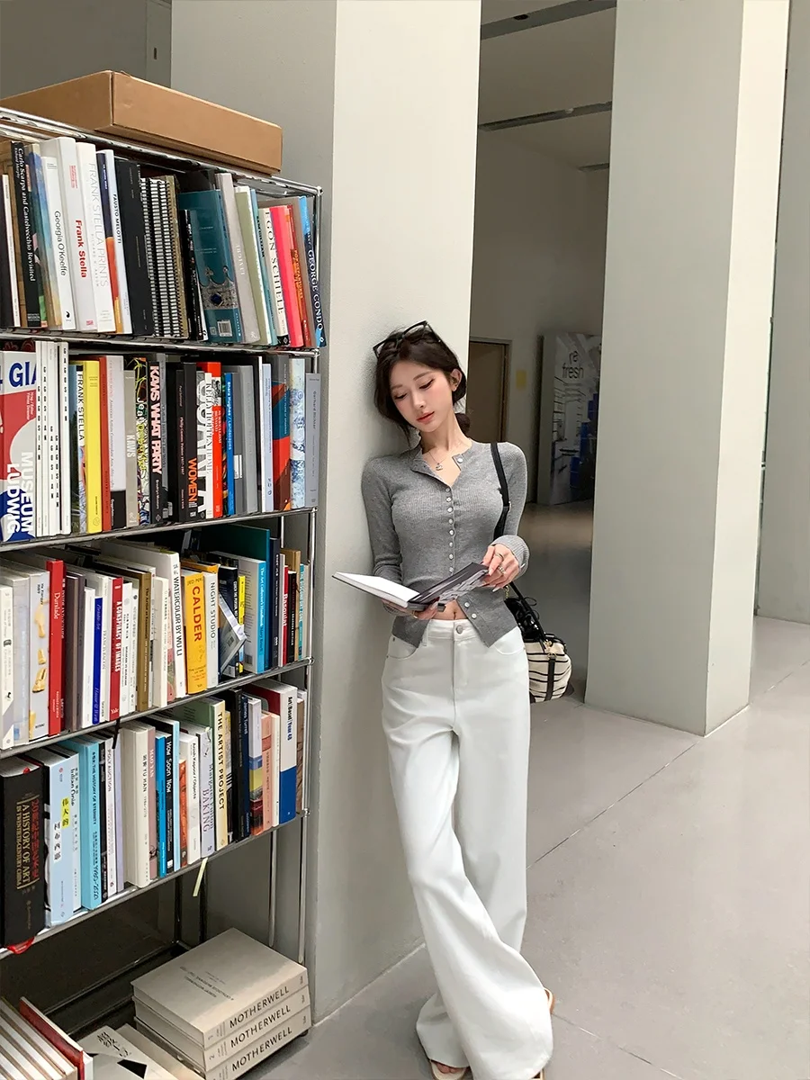 

Achi Women's Loose Straight Leg Cotton Denim Pants Low Waist Cotton White Classic Fit High Waist Wide Leg Jeans