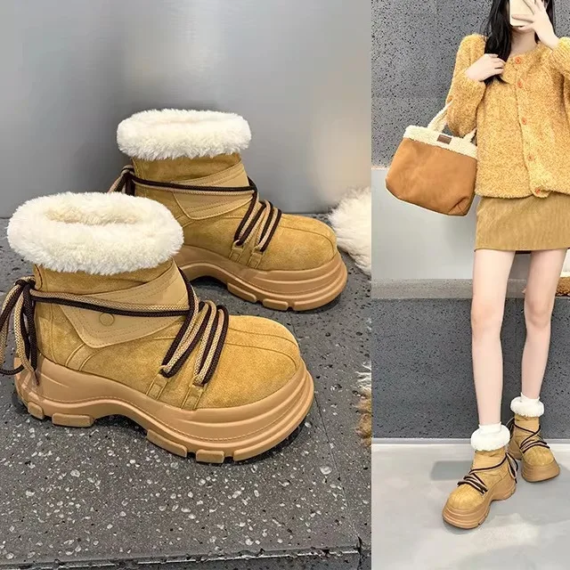 

Leather Short Boots Women's Casual Thick Bottom Snow Boots Winter New Style Comfortable Rubber Sole round Toe Flat Heel Boots