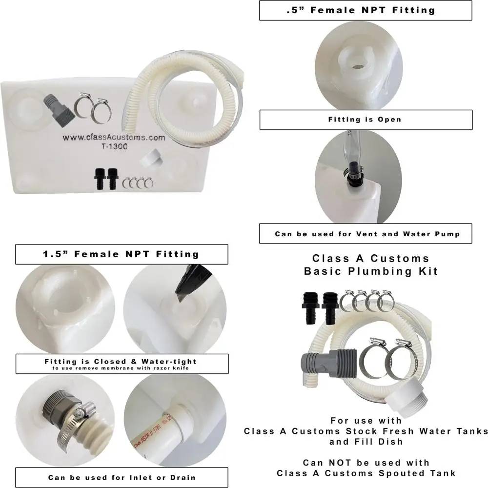 Tanque de armazenamento de água de 13 galões com kit de encanamento completo - T1300BPK