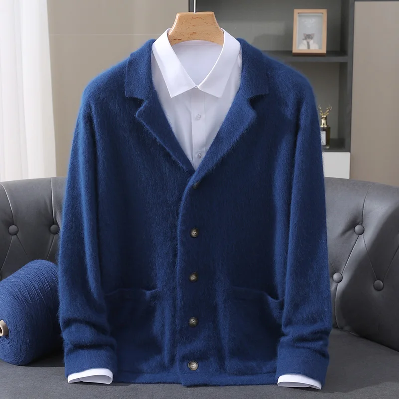 

Men Cardigan Sweater Turn-down Collar 100% Mink Cashmere Knitwear Autumn Winter Smart Casual Thick Long Sleeve Pockets Soft Tops