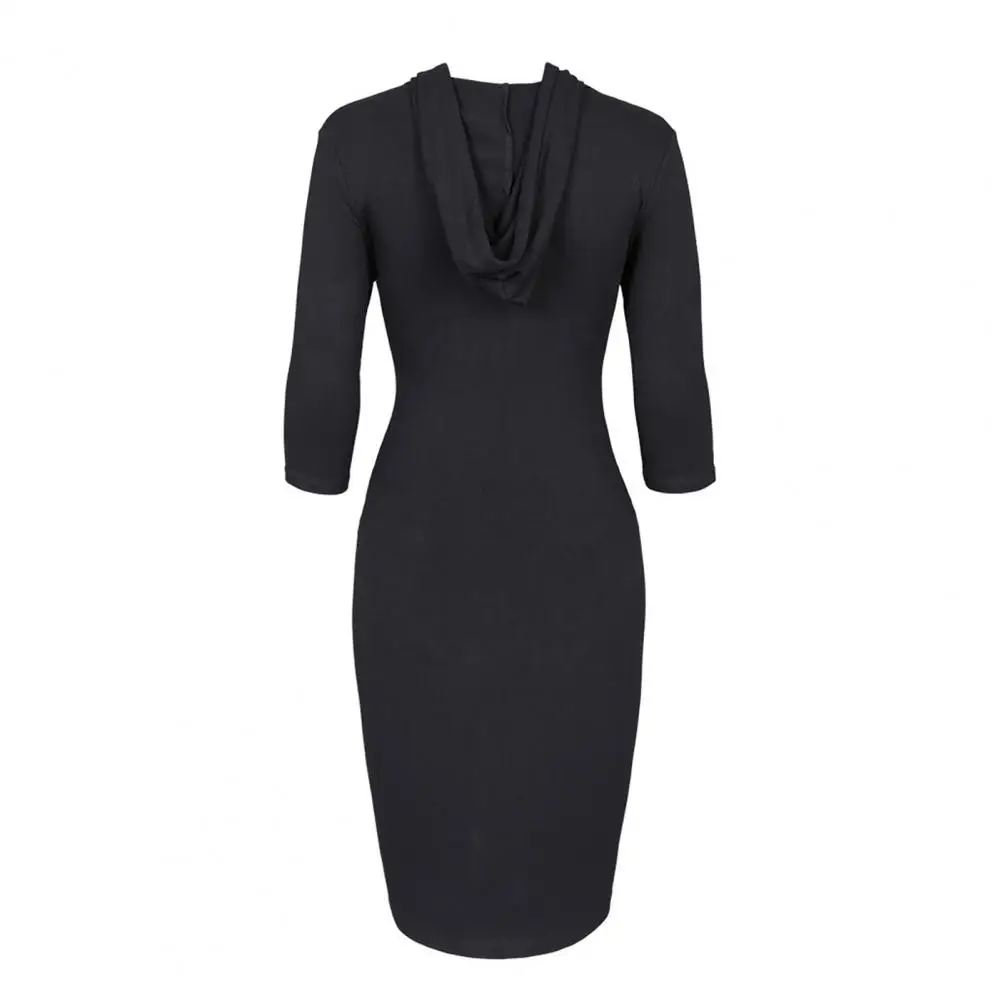 

Lady 3/4 Sleeve Dress Drawstring Dress Elegant Autumn Hooded Dress with Big Pocket Slim Fit Drawstring Elastic Solid for Office
