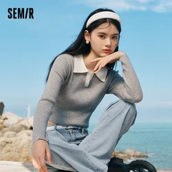 Semir Women Short Slim Knit Sweater Small Figure 2023 Spring New Anti-Static Polo Neck Sweater Small Fragrance