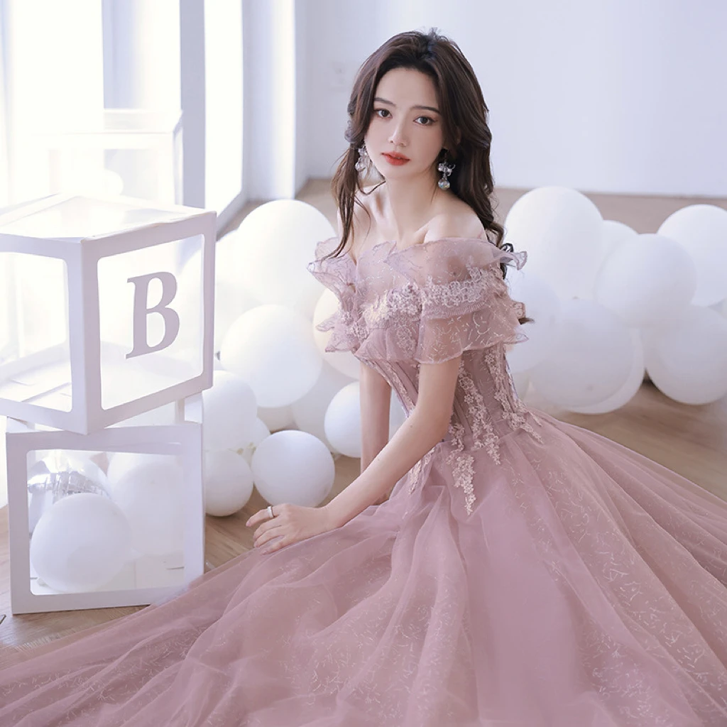 

Gorgeous Pink Prom Dress Strapless Applique Off Shoulder Sequined Ruffle Floor Length Lace Up Formal Wedding Custom Party Gowns