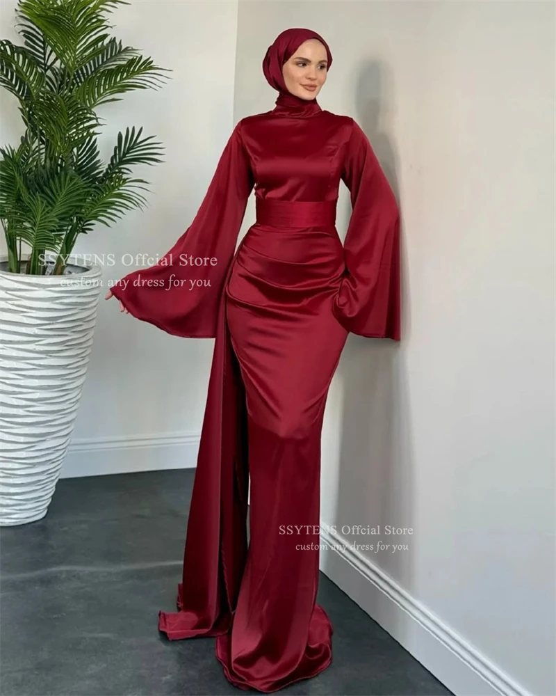 SSYTENS Muslim Mermaid Wedding Dresses Dubai Long Sleeves Bride Gowns Pleat Satin High Neck Elegant Vestidos De Novia Customized