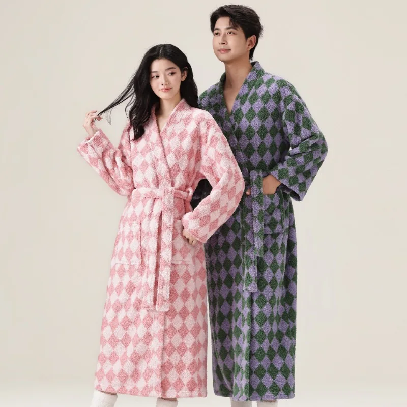 

Winter Thicken Warm Robes For Women Men Plaid Sleepwear Coral Fleece Bathrobe Couple Flannel Loungewear Casual Home Clothes
