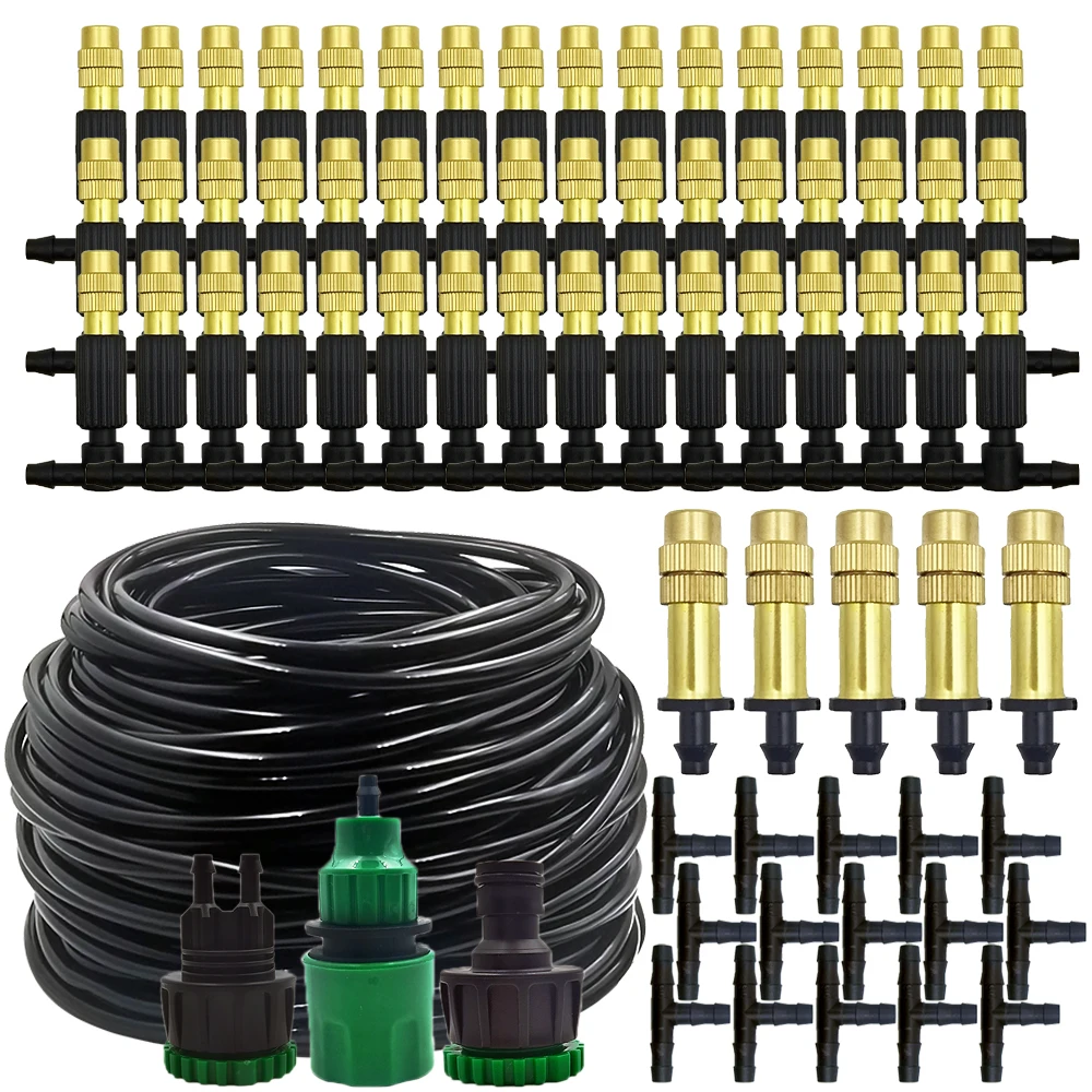 15M-30M Outdoor Misting Cooling System Garden Irrigation Watering 1/4'' Brass Atomizer Nozzles 4/7mm Hose for Patio Greenhouse