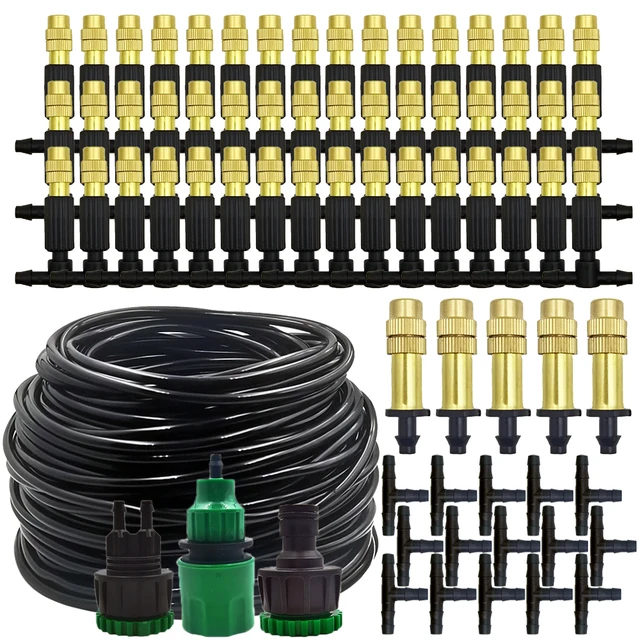 15M-30M Zewnętrzny system chłodzenia zamgławiającego Nawadnianie ogrodu Podlewanie 1/4'' Mosiężne dysze atomizera Wąż 4/7mm do szklarni Patio