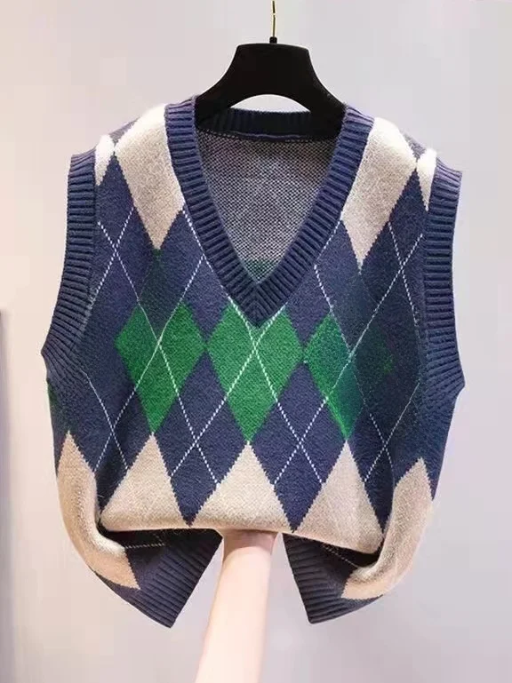 Loose Knitted V-Neck Women's Vest Warm Outerwear Casual Commute Style Fleece Lined Sleeveless Top plus Size Checkered Pattern