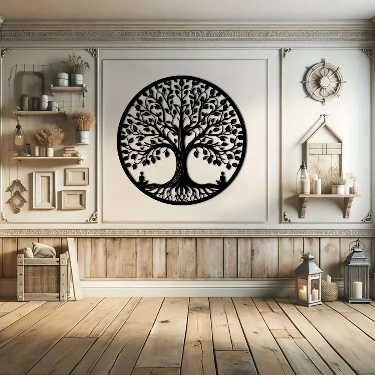 CIFBUY Round Tree of Life Metal Wall Hanging Yoga Meditation Silhouette Metal Sign Spiritual Decor Indoor Living Room Wall Art