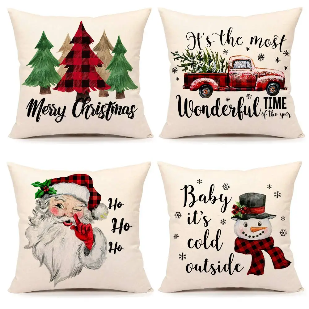 

Christmas Pillow Covers Set of 4 Farmhouse Christmas Decor Red Black Buffalo Plaids Winter Holiday Throw Cushion Case for Home