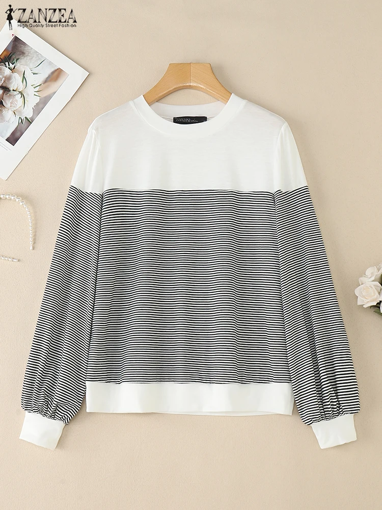 

ZANZEA Women Striped T-Shirts Tops 2025 Autumn Loose Fashion Long Sleeve Pullovers Tees Casual Patchwork Tunic Oversized