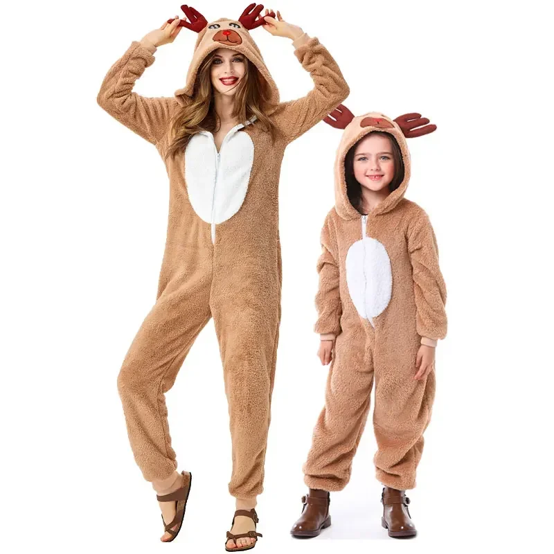 Weihnachts elch Cosplay Kapuzen overall für Frauen & Mädchen Korallen vlies Khaki Nachtwäsche niedlichen Rentier Tier Eltern-Kind-Kostüm