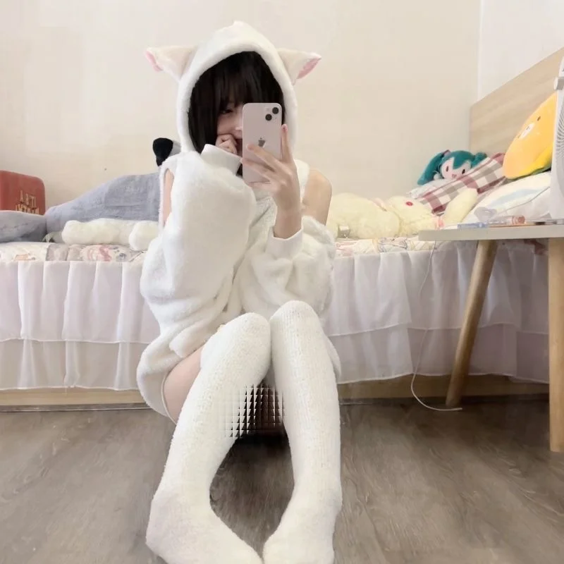 Milky Goat Baa Off the Shoulder Cute Soft Girl Lamb Wool Sweater Sweetheart Hot Cashmere Warm Hooded Jacket Girl Winter