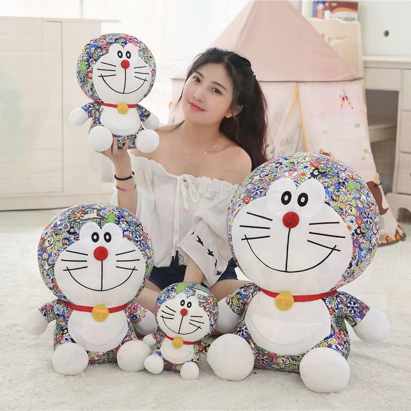 Doraemon Floral Print Plush Toy Cartoon Doraemon Stuffed Doll with Colorful Pattern, Soft Anime Cat Figure, Kids Birthday Gift
