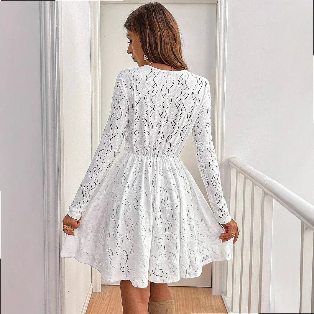 Elegant Women Lace Patchwork Mini Dress Summer Vacation Dresses Scallop Trim Solid Color Sundress Beach Party Cocktail