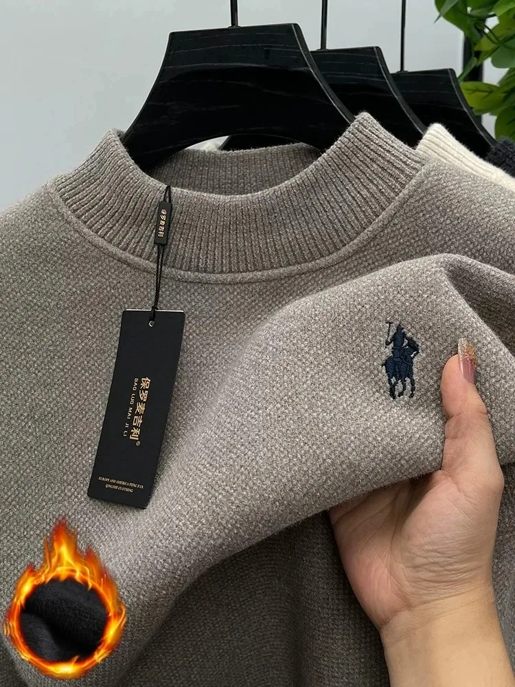High Quality velvet round neck sweater men's casual fashion designer brand exquisite pony embroidery winter warm knit pullover