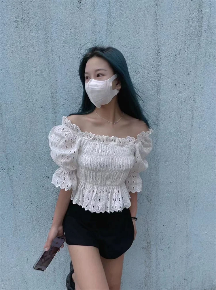 Susan Faionable Casual Lente Zomer ort Sve Gevouwen oulder Houten Wit Geplooide ort Top Dames Busin Casu...