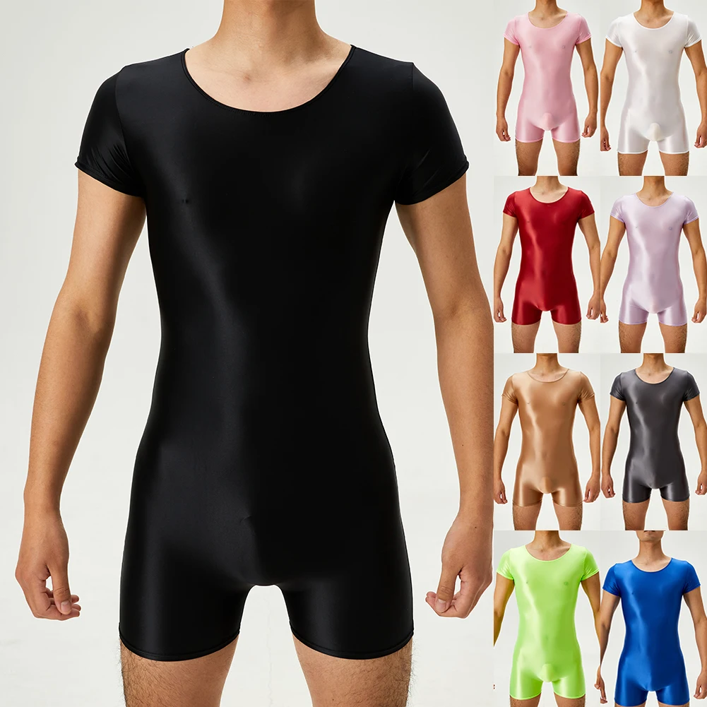 

Men Plus Size Bodysuit Short Sleeve Oil Shiny Glossy Tights High Elastic Shapers Leotard Jumpsuit O Neck