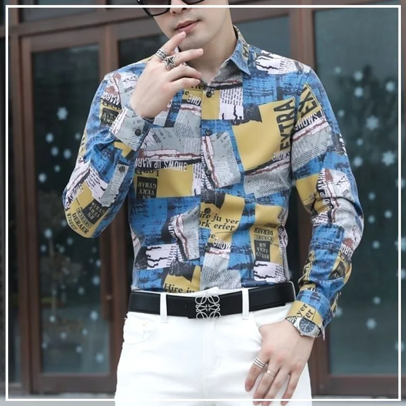 

Slim Handsome Personality Printing Fashion Trend Shirt Vintage Splicing Contrasting Colors Creative Men's Clothing Autumn 2024