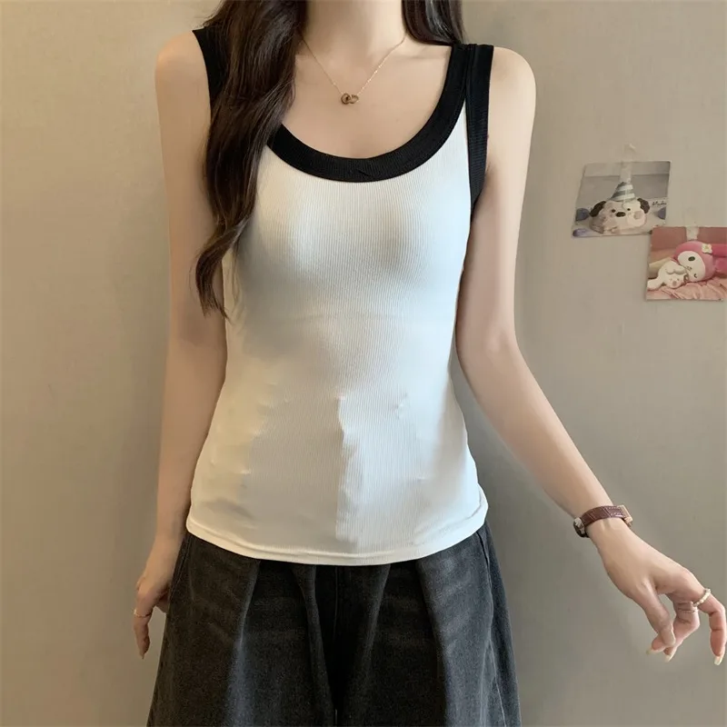 Color Collision Tanks Women New Summer Korean Style Casual Daily Knitted Camisole Office Lady Versatile Solid Color Tops Female