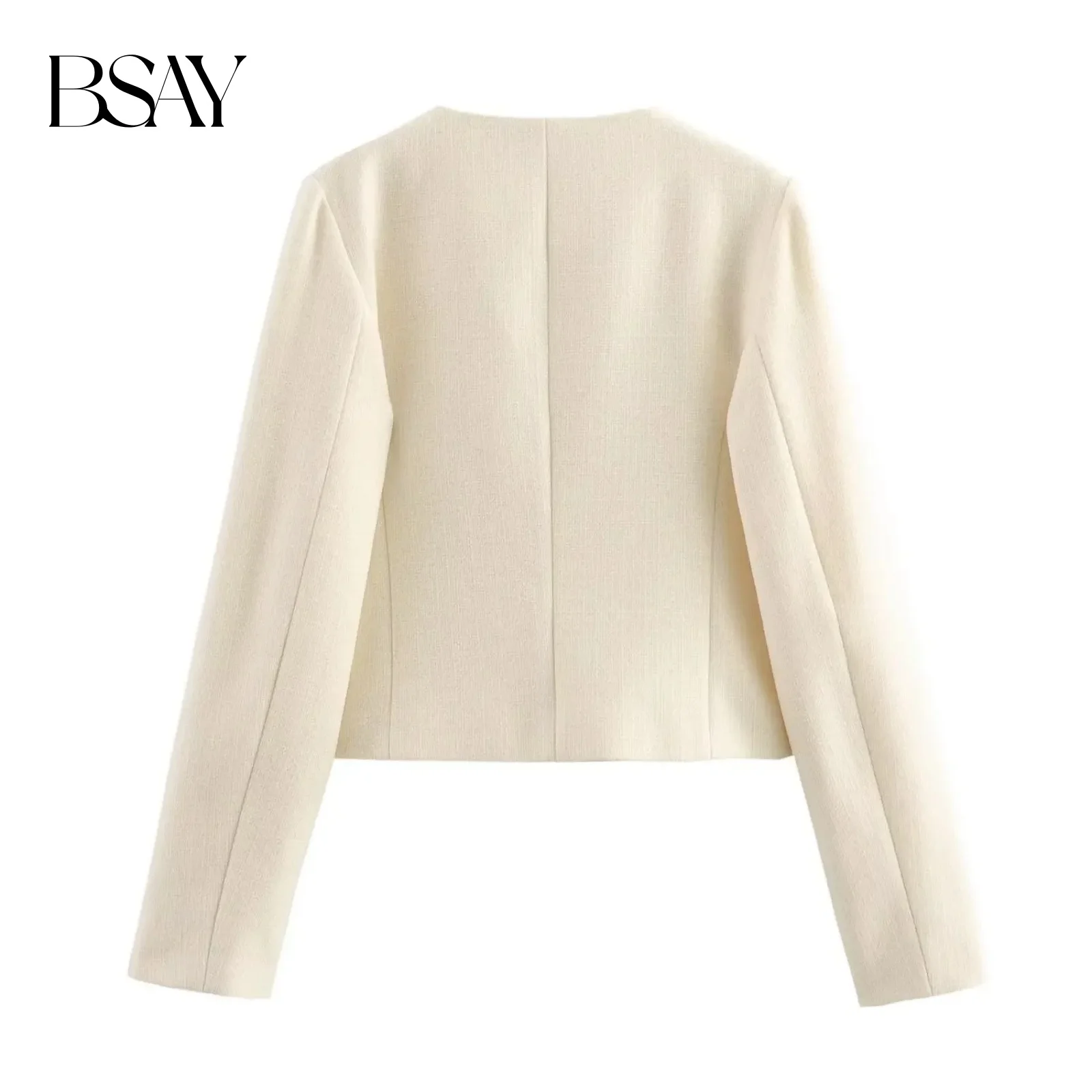 BSAY 女性ファッション秋冬シングルブレストテクスチャードラウンドネックフリップポケットショートジャケットコートシックなレディーストップス Mujer