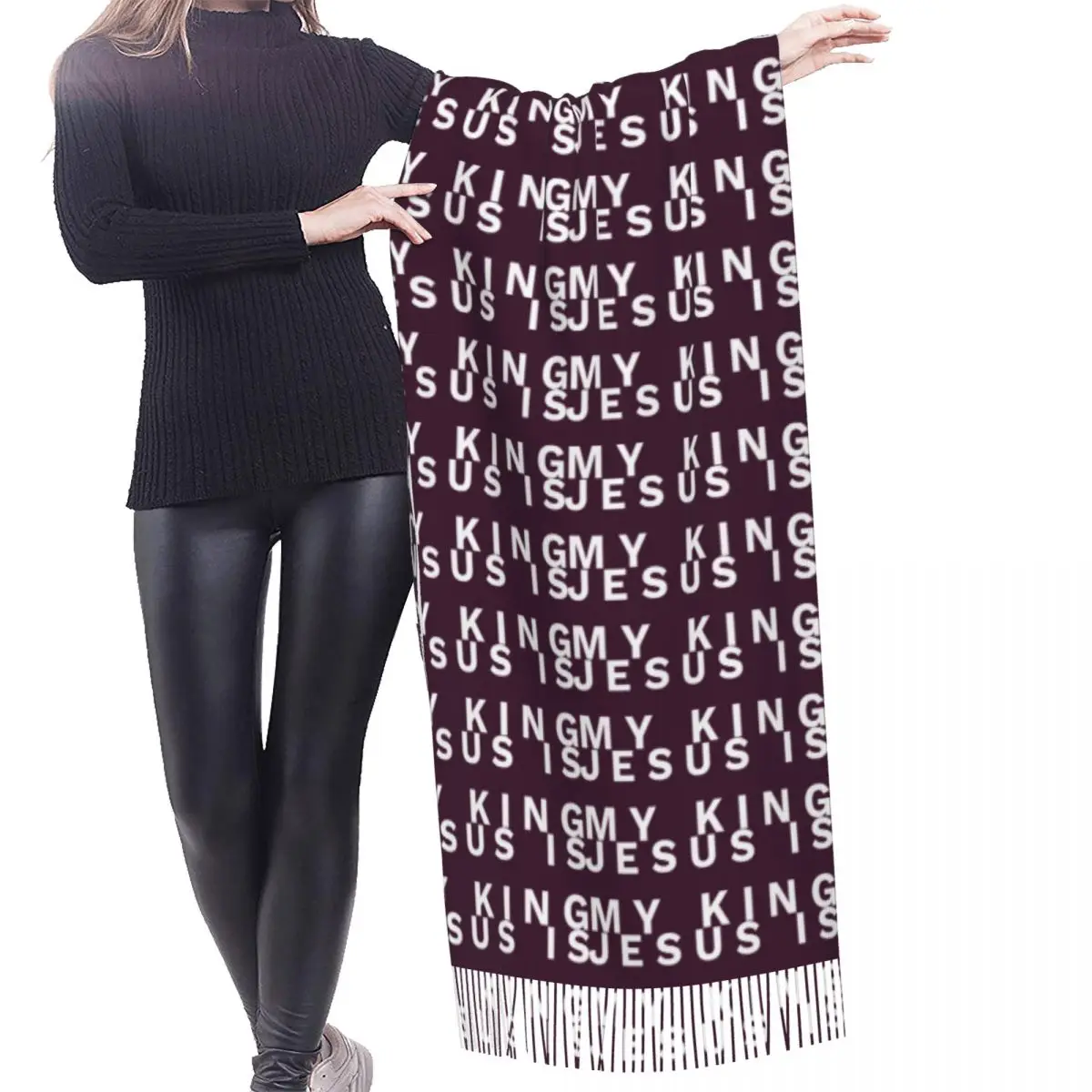 Elegante Jesus é meu rei lenço borla para mulheres, xale quente de inverno, envoltório cristão católico feminino, lenços fé