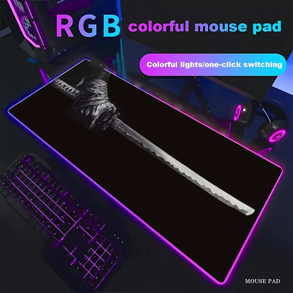 

Коврик для мыши RGB LED Samurai Sword, большой коврик для мыши, коврик для компьютера, геймерский коврик для офиса, коврик для клавиатуры с прошитыми краями, моющийся, нескользящий, HYBXAXC