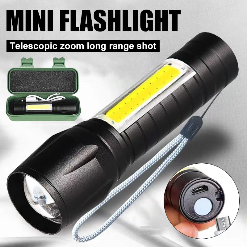 Mini Portable Flashlight COB+XPE Zoomable Small Torch USB Rechargeable Outdoor Camping Fishing Long Range Emergency Lantern