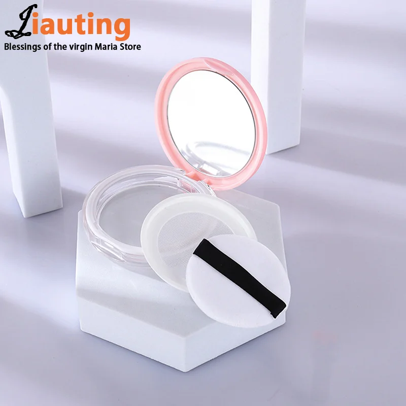 1pc Portable Ultra-thin Plastic Powder Box Loose Pot Travel Makeup Jar Sifter Container with Powder Puff Mirror