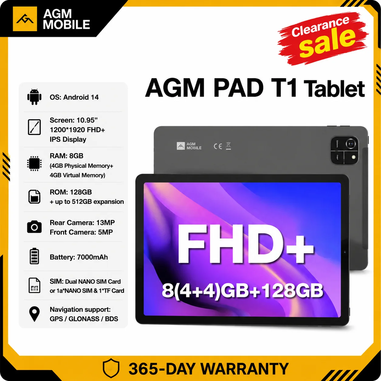 AGM PAD T1 Tablet 10.95 inch 1200*1920 FHD+ Screen  84+4GB RAM 128GB ROM 4G LTE Android 14 Unisoc T606 Tablets Widevine L1