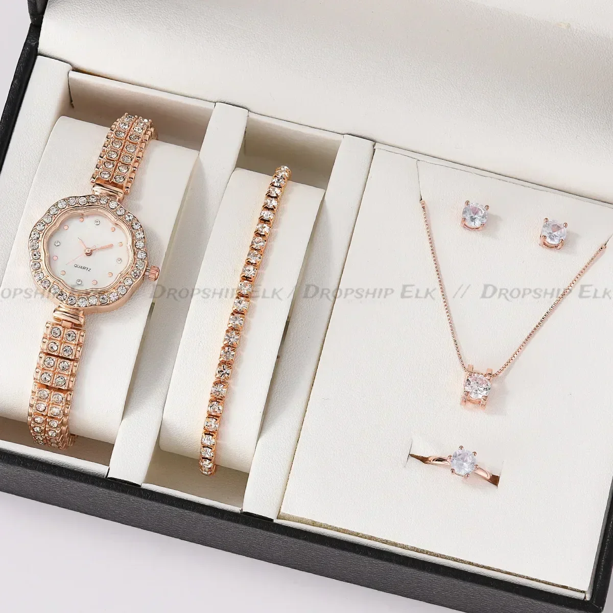 6PCS Set Women Watch Ring Necklace Earrings Rhinestone Wristwatch Female Casual Ladies Watches Bracelet Set Clock Gift (No Box)