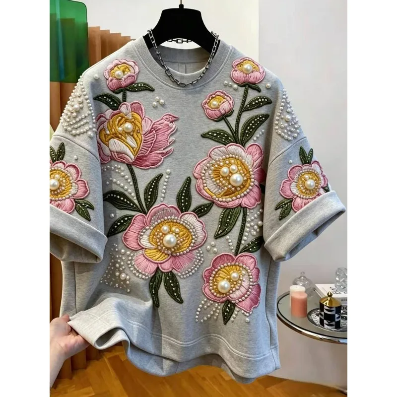 European American loose short-sleeved T-shirts men women summer extra-large size trendy beaded embroidered flower half-sleeve