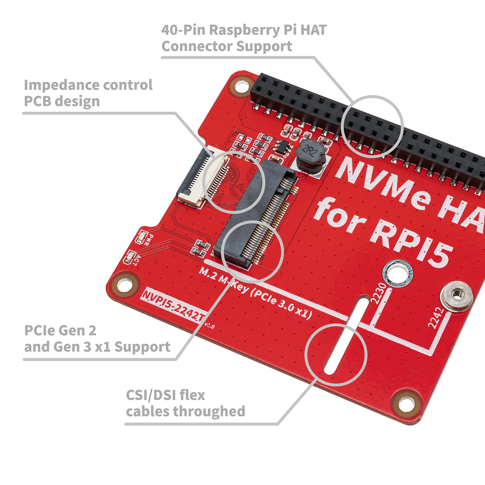 Raspberry Pi 5 NVME PCIe SSD HAT, NVPI5-2242T, 2230, 2242 M-Key, placa periférica PCIe para Raspberry Pi 5