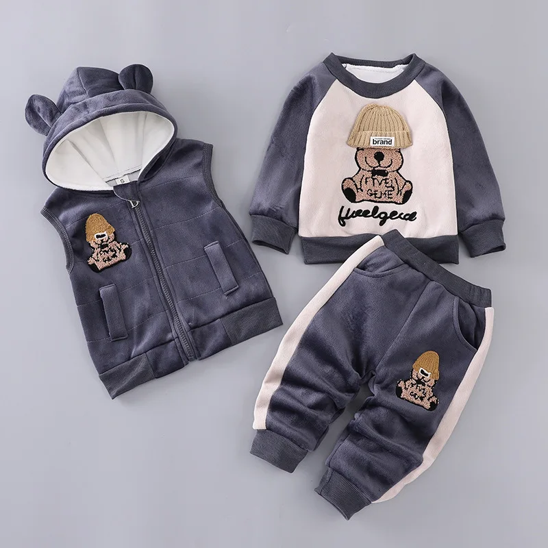 Autumn Winter New Baby Boys Girls Clothing Set Cartoon Print Sweatshirt+Pants+Vest 3Pcs Suit For 1-4Y Kids Thick Warm Outfit
