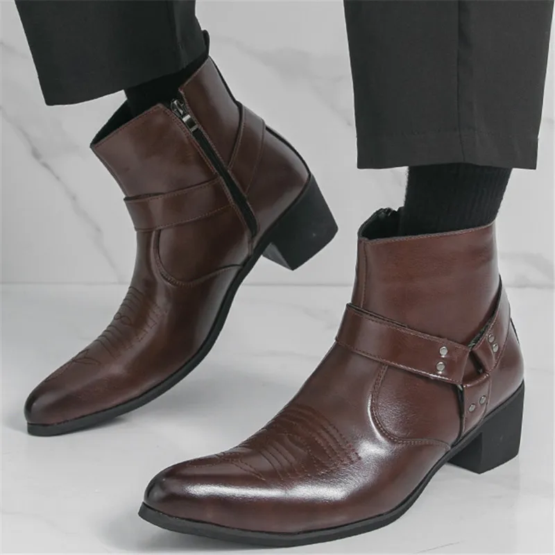 New Fashion Designer Winter Pointed Patent Leather Chelsea Ankle Boots For Men Flats Black Brown High Tops Shoes Zapatos Hombre