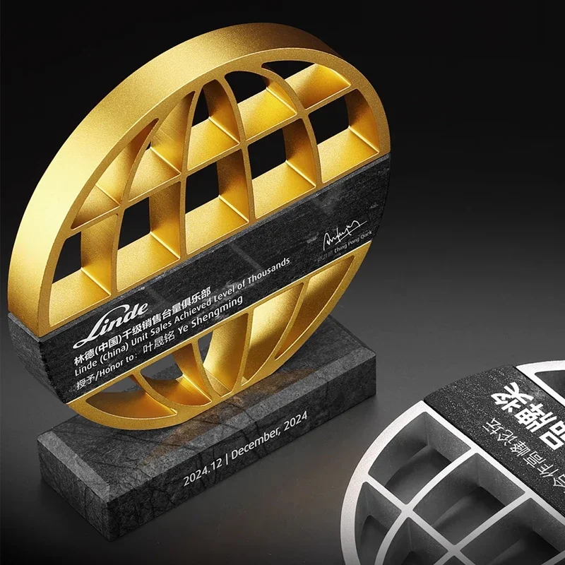 Customized High-end Metal Marble Trophy, Gold, Silver, Bronze, Commemorative Award Souvenir Circular Earth Medal Home Decor, 1Pc